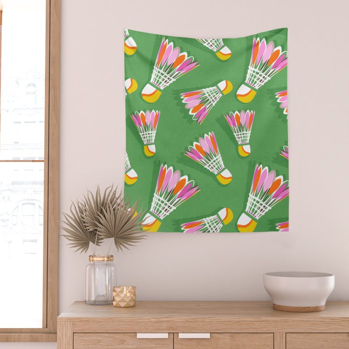 Badminton Birdie Pop Art court sport pattern on bright green Wall Tapestry Gallery Image 2