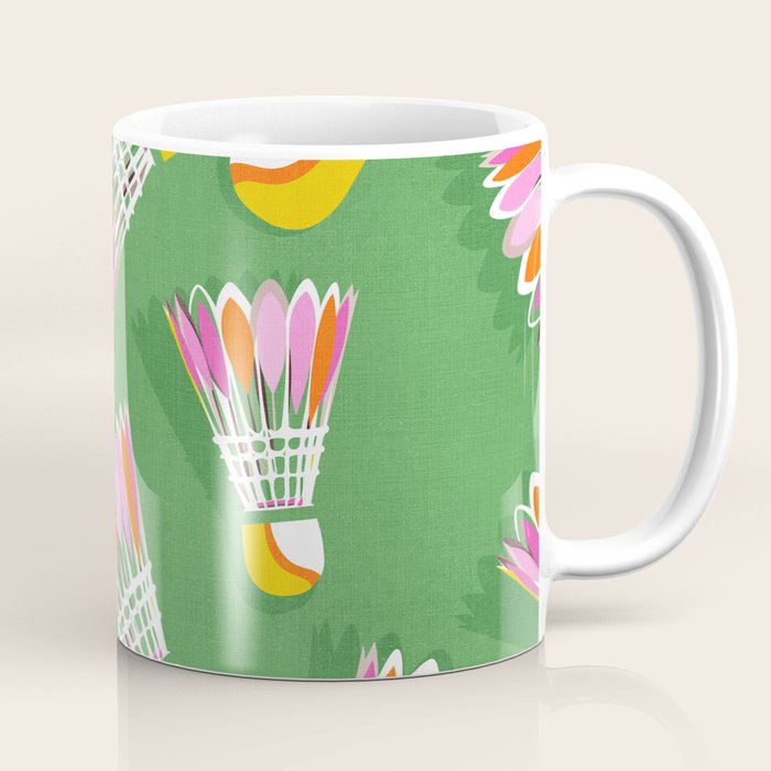 Badminton Birdie Pop Art court sport pattern on bright green Coffee Mug Gallery Image 1