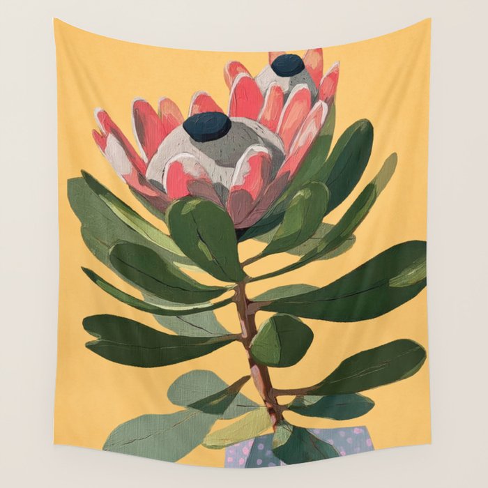 Protea Bloom with Sage Leaves Wall Tapestry Gallery Image 1