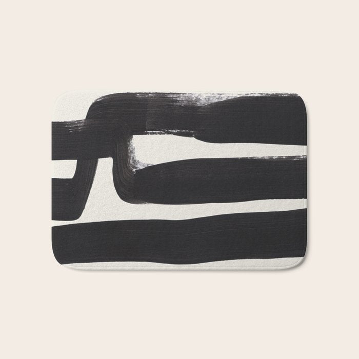 Mid Century Modern Minimalist Abstract Art Brush Strokes Black & White Ink Art Ancient Stripes Bath Mat Gallery Image 1