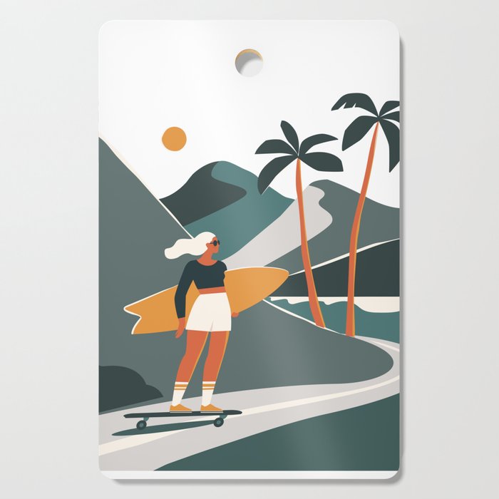 Single Fin Soul - Surfing Illustration with Longboard Balancing Surfer Girl Cutting Board Gallery Image 1