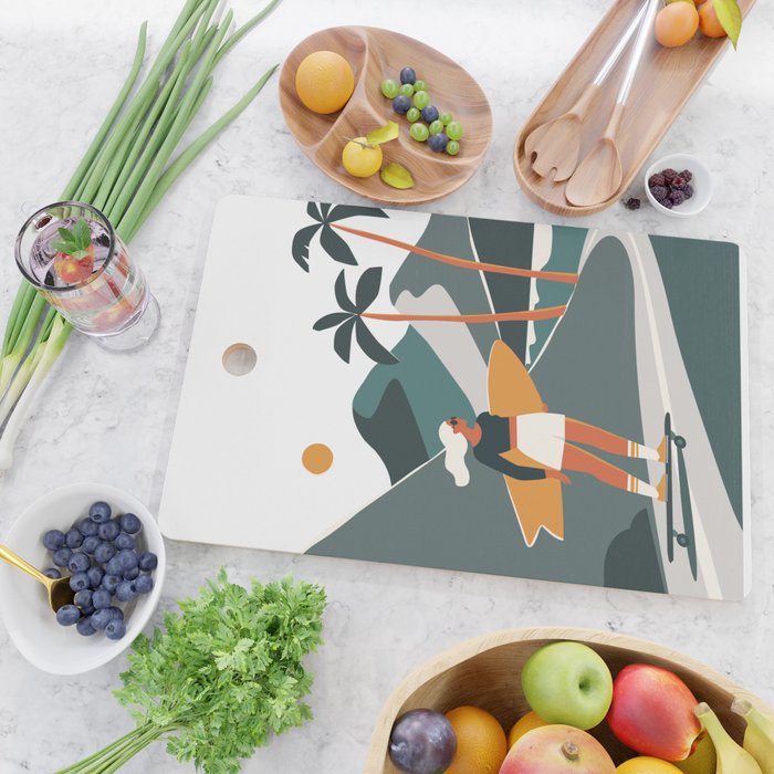Single Fin Soul - Surfing Illustration with Longboard Balancing Surfer Girl Cutting Board Gallery Image 2