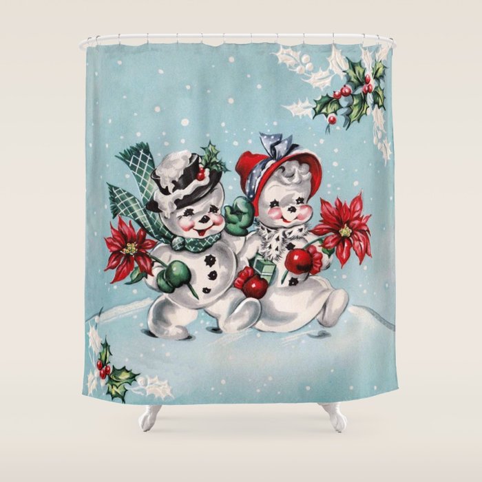 Vintage Christmas Snowman, Retro Christmas Shower Curtain Gallery Image 1