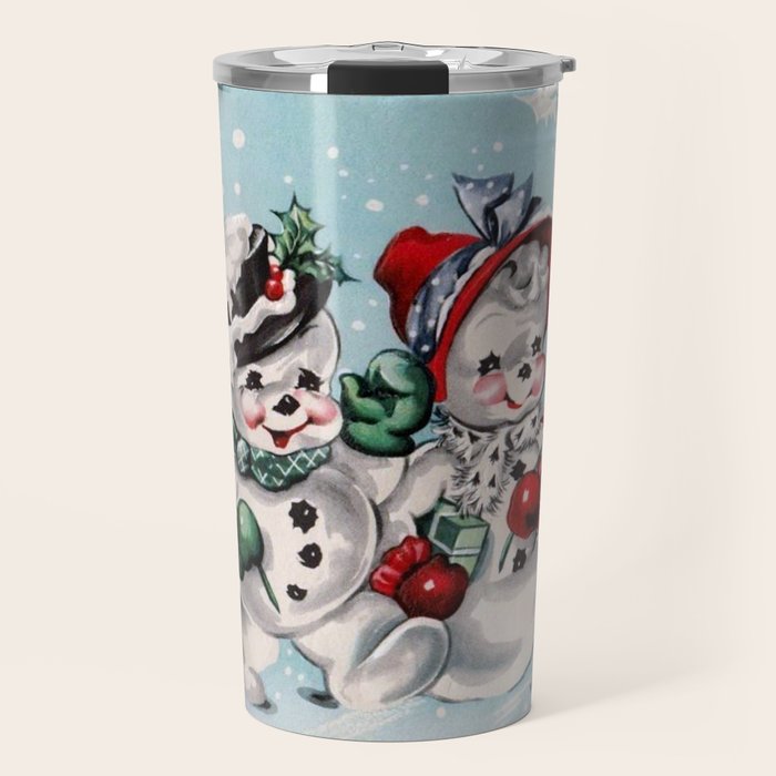 Vintage Christmas Snowman, Retro Christmas Travel Mug Gallery Image 1