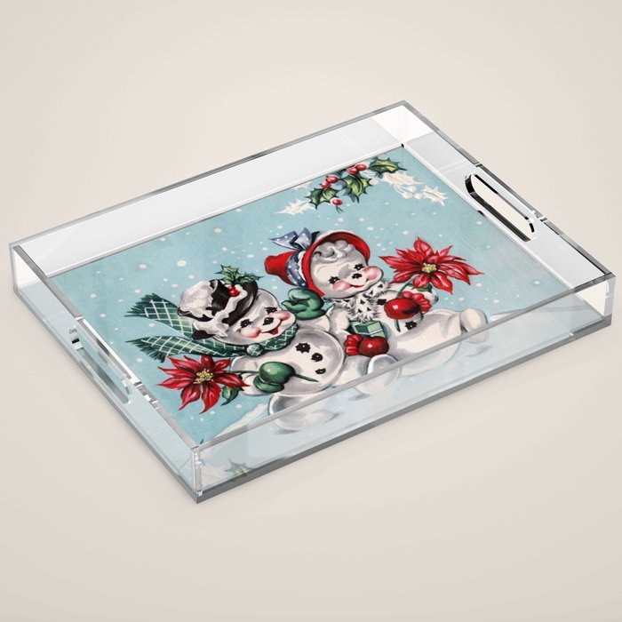 Vintage Christmas Snowman, Retro Christmas Acrylic Tray Gallery Image 1