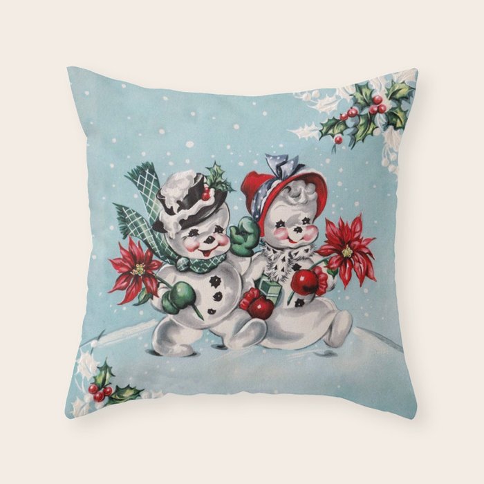 Vintage Christmas Snowman, Retro Christmas Throw Pillow Gallery Image 1