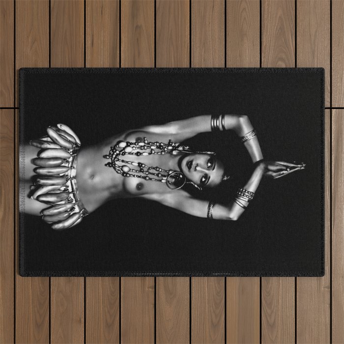 Jazz Age Josephine Baker in Folies Bergère Bananas Costume black and white photography Outdoor Rug Gallery Image 1