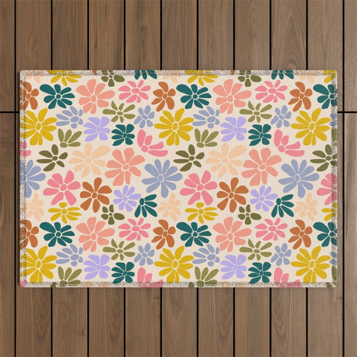 Rainbow Color Retro Floral  Outdoor Rug Gallery Image 1