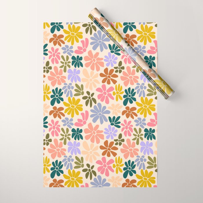 Rainbow Color Retro Floral  Wrapping Paper Gallery Image 1