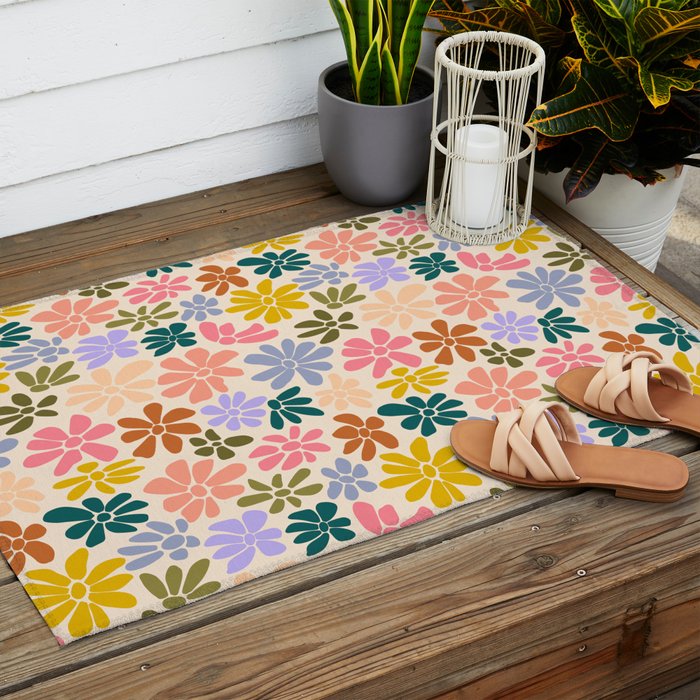 Rainbow Color Retro Floral  Outdoor Rug Gallery Image 2
