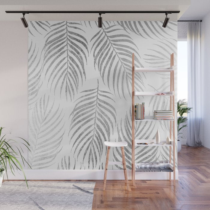 Chic elegant silver foil palm tree leaves Wall Mural Gallery Image 1