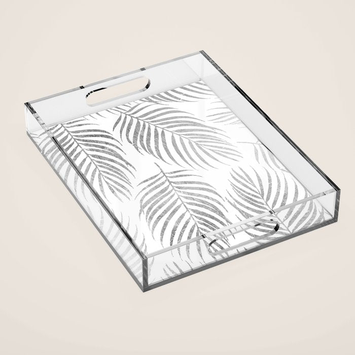 Chic elegant silver foil palm tree leaves Acrylic Tray Gallery Image 1