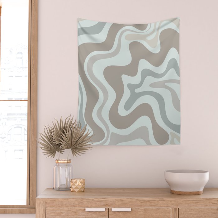Liquid Swirl Abstract Pattern in Taupe Gray and Light Ice Blue Wall Tapestry Gallery Image 2