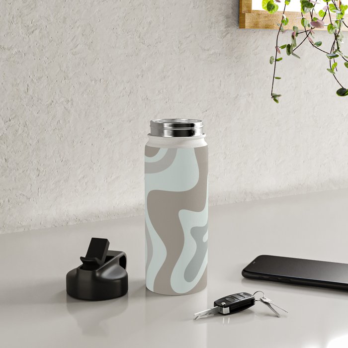 Liquid Swirl Abstract Pattern in Taupe Gray and Light Ice Blue Water Bottle Gallery Image 4