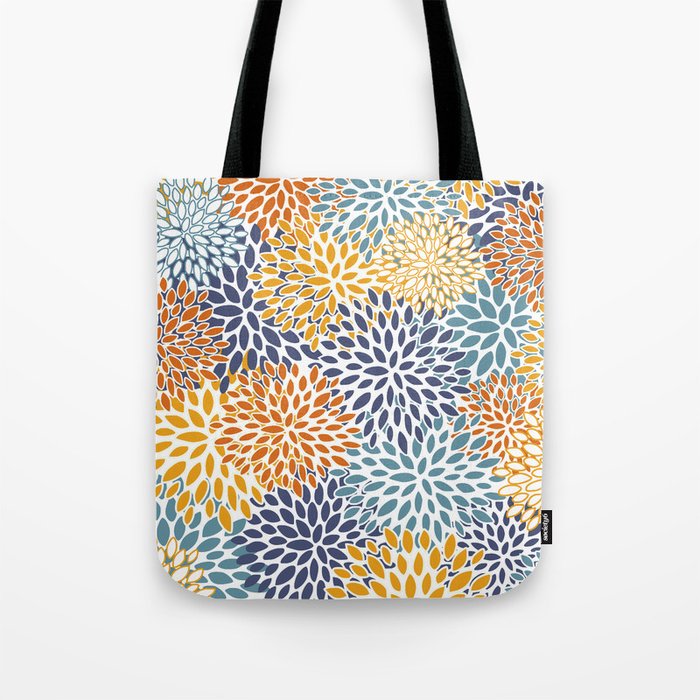 Floral Blooms, Blue, Teal, Orange, Yellow Tote Bag Gallery Image 1