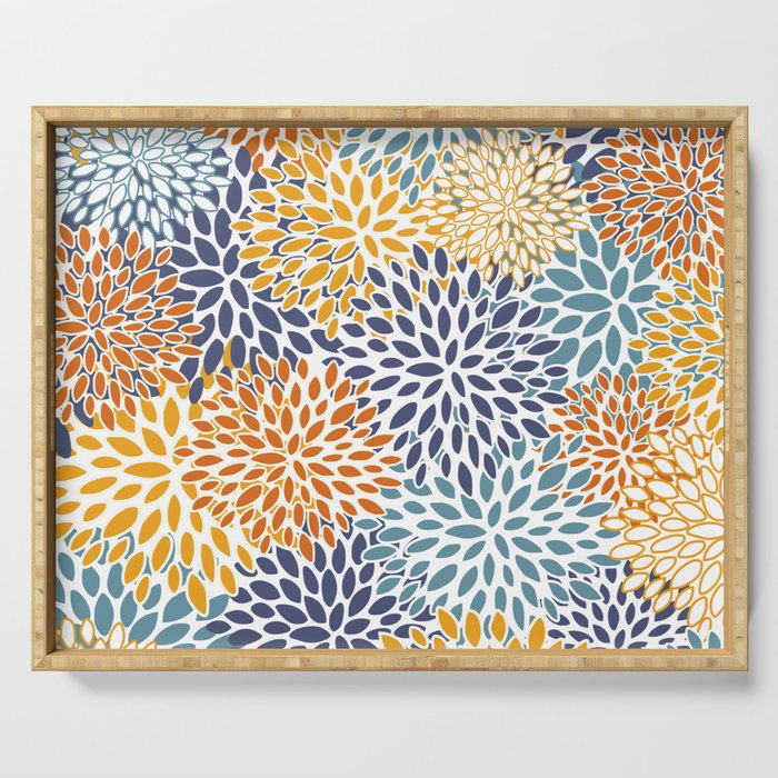 Floral Blooms, Blue, Teal, Orange, Yellow Serving Tray Gallery Image 1