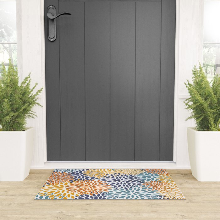 Floral Blooms, Blue, Teal, Orange, Yellow Welcome Mat Gallery Image 3