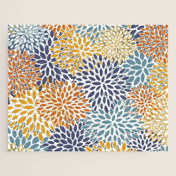 Floral Blooms, Blue, Teal, Orange, Yellow Jigsaw Puzzle Gallery Image 1