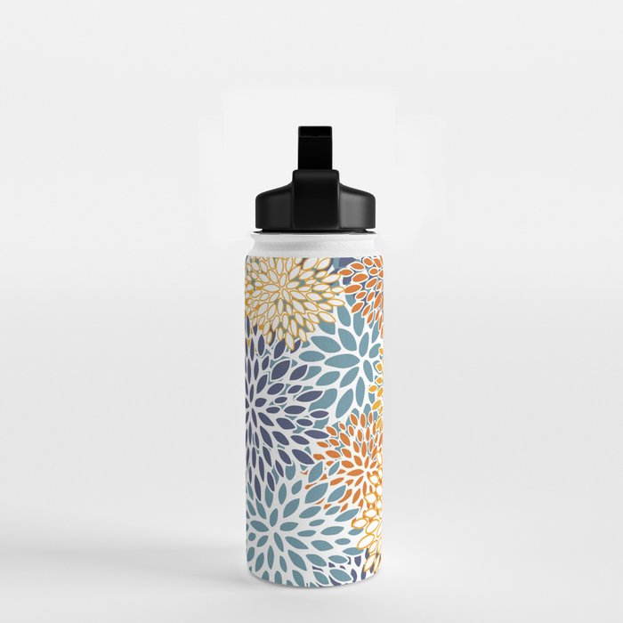 Floral Blooms, Blue, Teal, Orange, Yellow Water Bottle Gallery Image 2