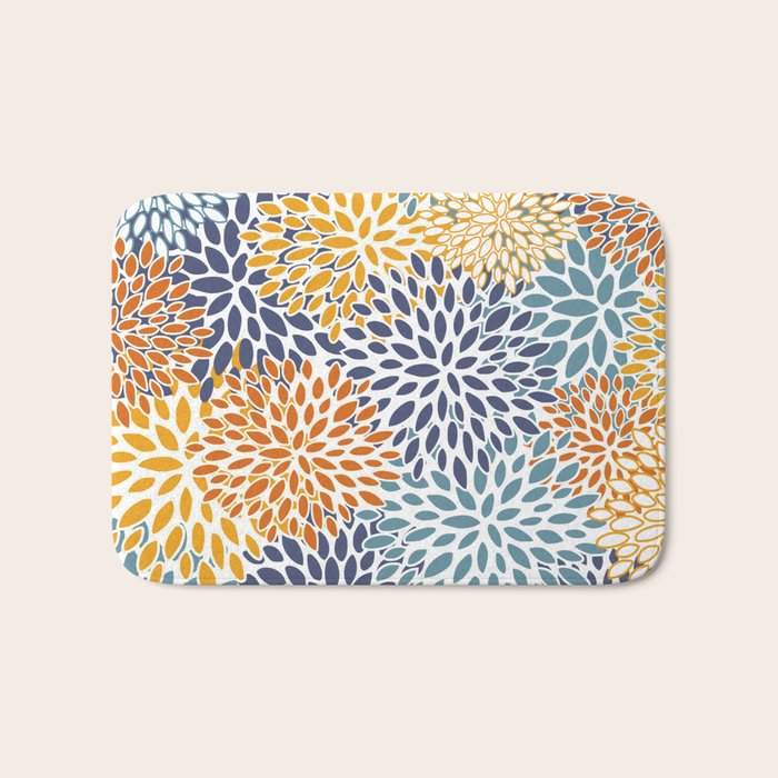 Floral Blooms, Blue, Teal, Orange, Yellow Bath Mat Gallery Image 1
