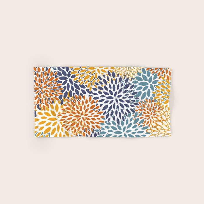 Floral Blooms, Blue, Teal, Orange, Yellow Bath Towel Gallery Image 1