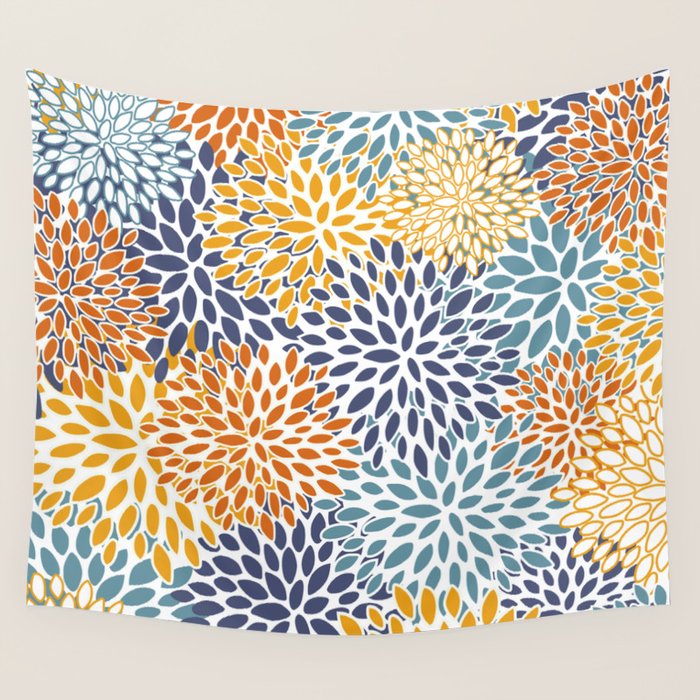 Floral Blooms, Blue, Teal, Orange, Yellow Wall Tapestry Gallery Image 1