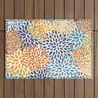 Floral Blooms, Blue, Teal, Orange, Yellow Outdoor Rug Gallery Image 1