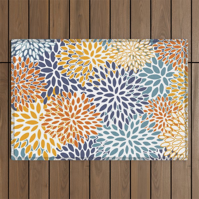 Floral Blooms, Blue, Teal, Orange, Yellow Outdoor Rug Gallery Image 1