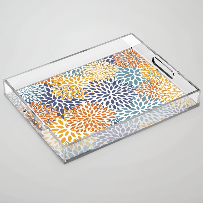 Floral Blooms, Blue, Teal, Orange, Yellow Acrylic Tray Gallery Image 1