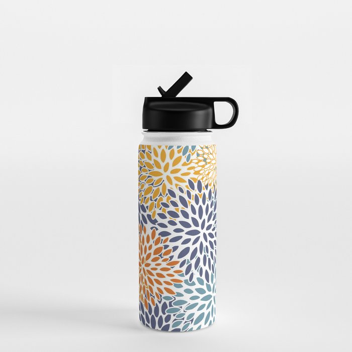 Floral Blooms, Blue, Teal, Orange, Yellow Water Bottle Gallery Image 1