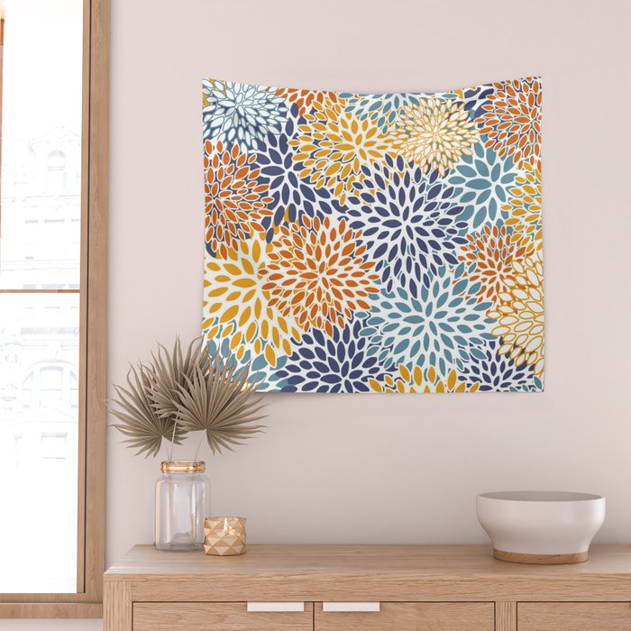 Floral Blooms, Blue, Teal, Orange, Yellow Wall Tapestry Gallery Image 2