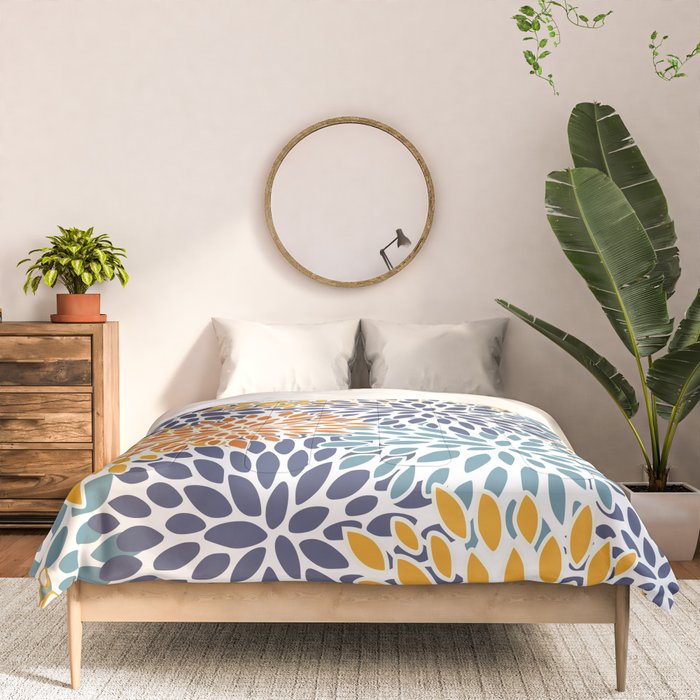 Floral Blooms, Blue, Teal, Orange, Yellow Comforter Gallery Image 3