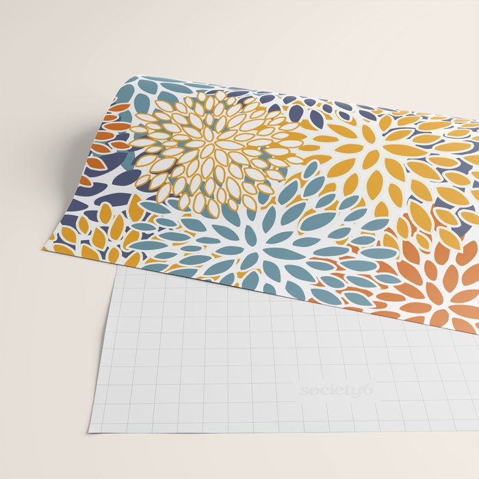 Floral Blooms, Blue, Teal, Orange, Yellow Wrapping Paper Gallery Image 2