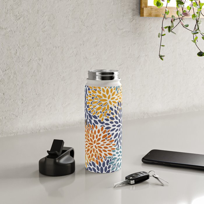 Floral Blooms, Blue, Teal, Orange, Yellow Water Bottle Gallery Image 4