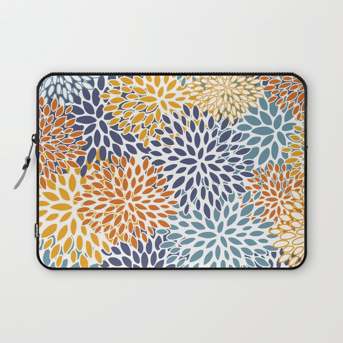 Floral Blooms, Blue, Teal, Orange, Yellow Laptop Sleeve Gallery Image 1