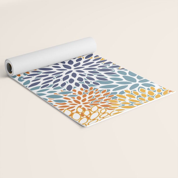 Floral Blooms, Blue, Teal, Orange, Yellow Yoga Mat Gallery Image 2