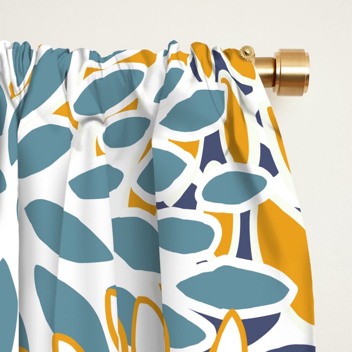 Floral Blooms, Blue, Teal, Orange, Yellow Window Curtain Gallery Image 2