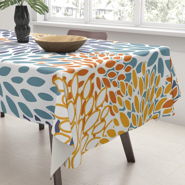 Floral Blooms, Blue, Teal, Orange, Yellow Tablecloth Gallery Image 3