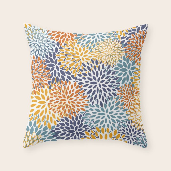 Floral Blooms, Blue, Teal, Orange, Yellow Throw Pillow Gallery Image 6