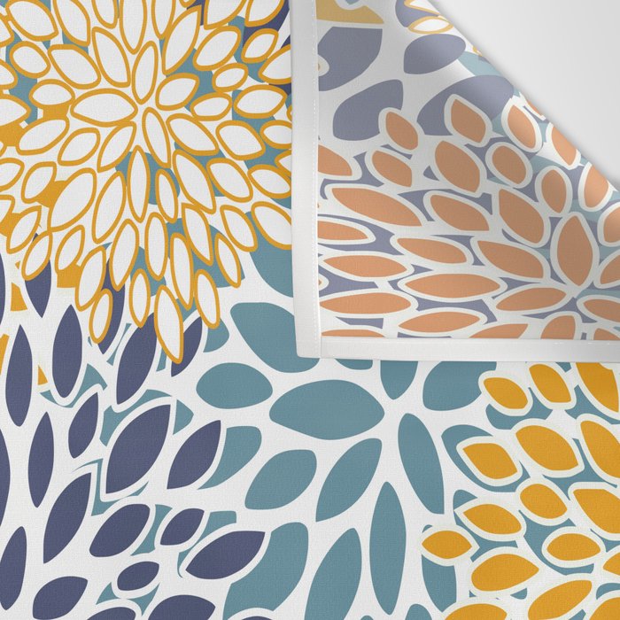 Floral Blooms, Blue, Teal, Orange, Yellow Wall Tapestry Gallery Image 3