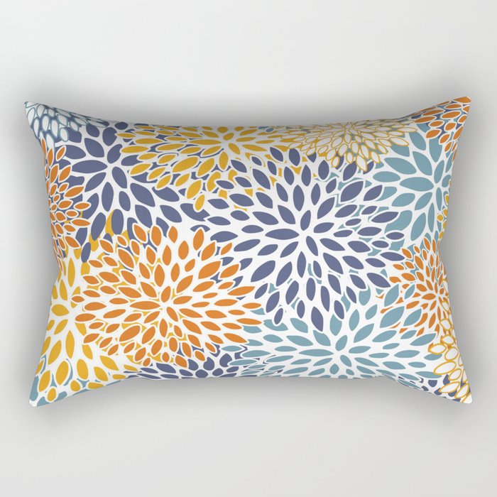Floral Blooms, Blue, Teal, Orange, Yellow Rectangular Pillow Gallery Image 1