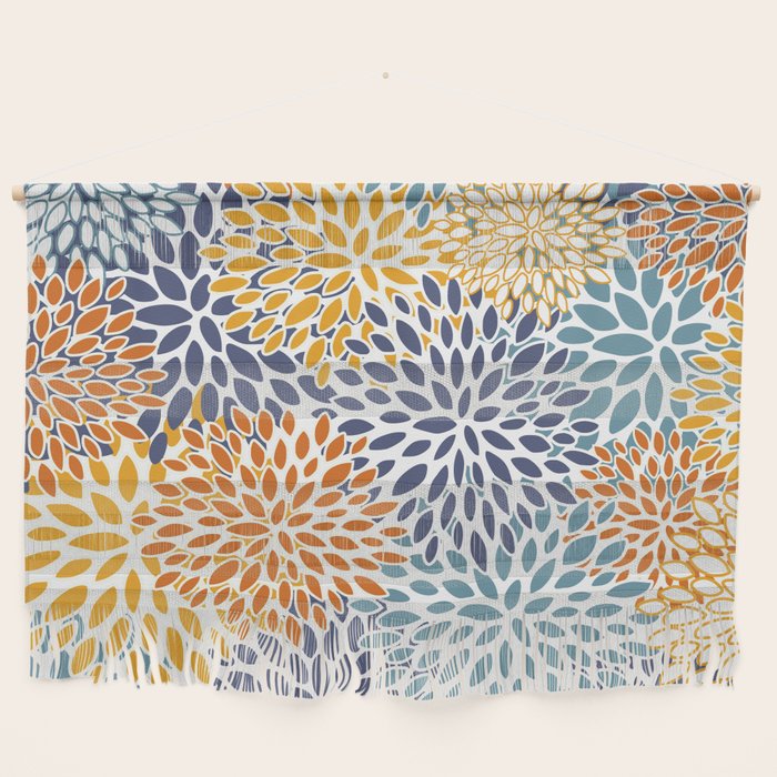 Floral Blooms, Blue, Teal, Orange, Yellow Wall Hanging Gallery Image 1