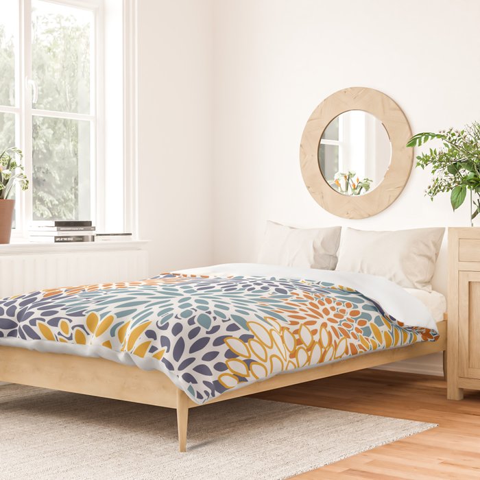 Floral Blooms, Blue, Teal, Orange, Yellow Duvet Cover Gallery Image 2