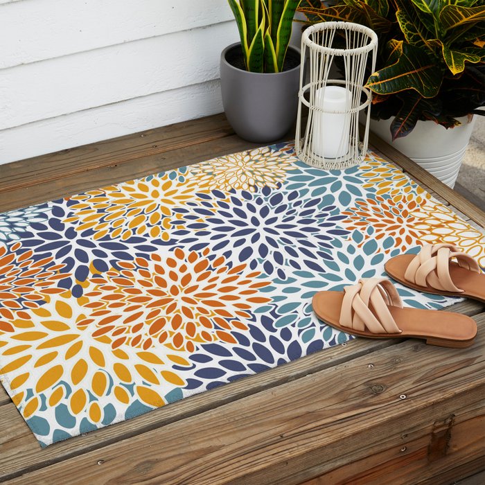 Floral Blooms, Blue, Teal, Orange, Yellow Outdoor Rug Gallery Image 2