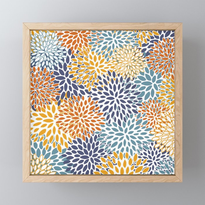Floral Blooms, Blue, Teal, Orange, Yellow Mini Art Print Gallery Image 1