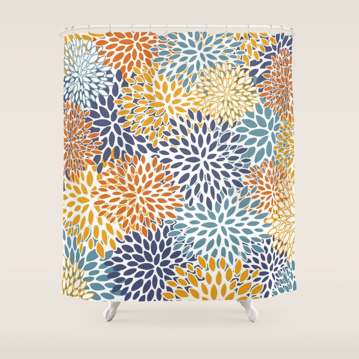 Floral Blooms, Blue, Teal, Orange, Yellow Shower Curtain Gallery Image 1