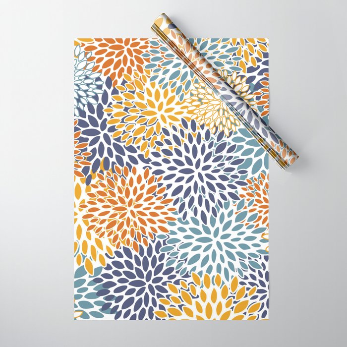 Floral Blooms, Blue, Teal, Orange, Yellow Wrapping Paper Gallery Image 1