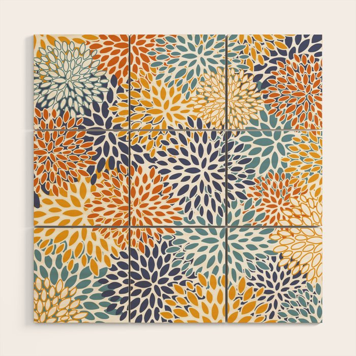 Floral Blooms, Blue, Teal, Orange, Yellow Wood Wall Art Gallery Image 1