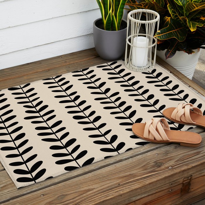 Abstract Leaves black pattern Outdoor Rug Gallery Image 2