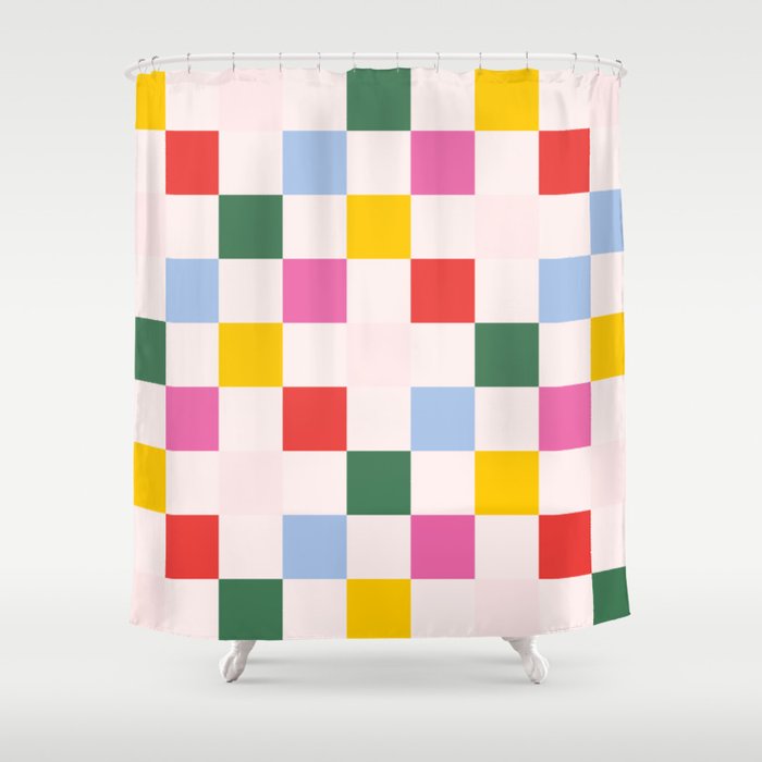 Retro Bauhaus Pattern | Abstract Shapes | Geometric Checks Shower Curtain Gallery Image 1